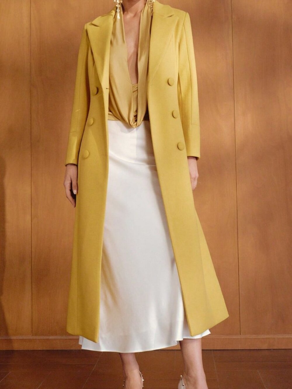 Yellow Elegant Women's Double Button Peak Collar Overcoat